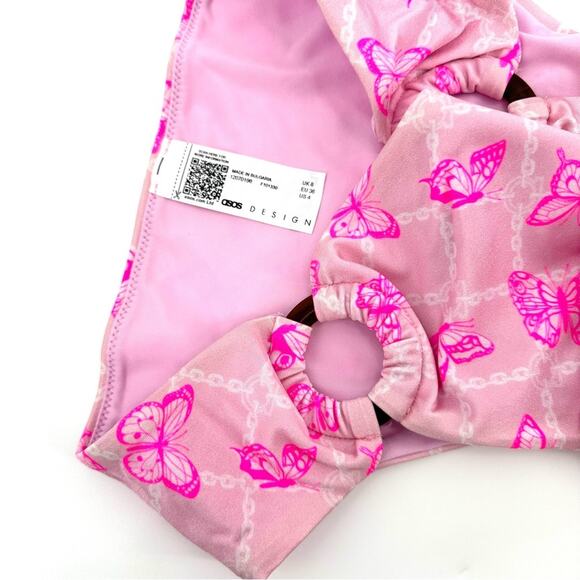 ASOS DESIGN ring high leg high waist bikini bottom in pink butterfly Size US 4 - Picture 2 of 7